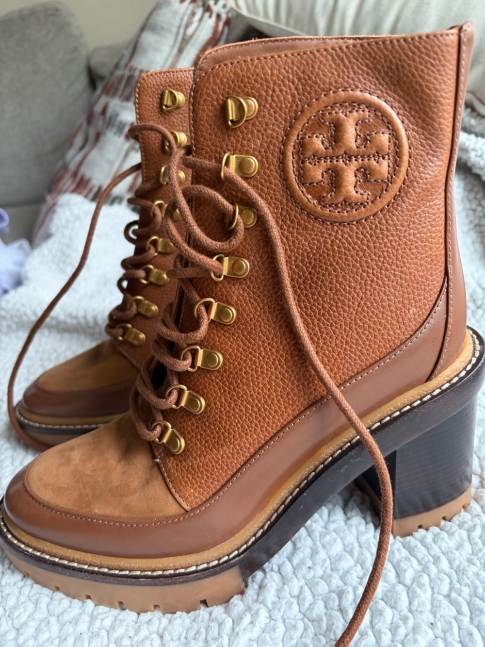 Tory Burch Cognac Leather & Suede Lace-Up Block Heel Boots